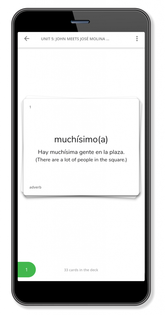 Screenshot of a flashcard from a unit of Camino Spanish.