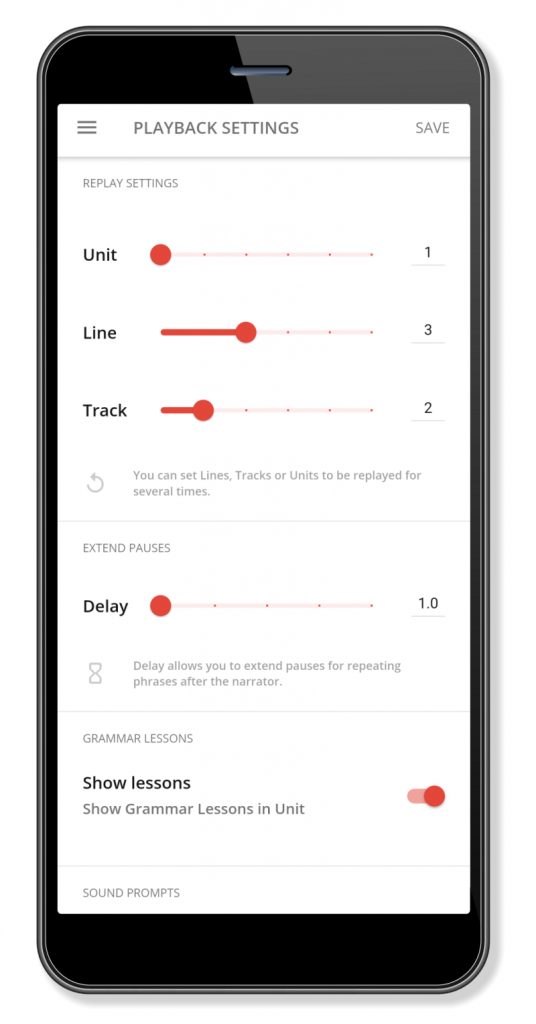 Screenshot of the playback settings screen from the Camino app.